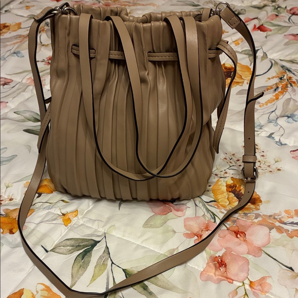 Zara Tan Ruched Shoulder Bucket Bag